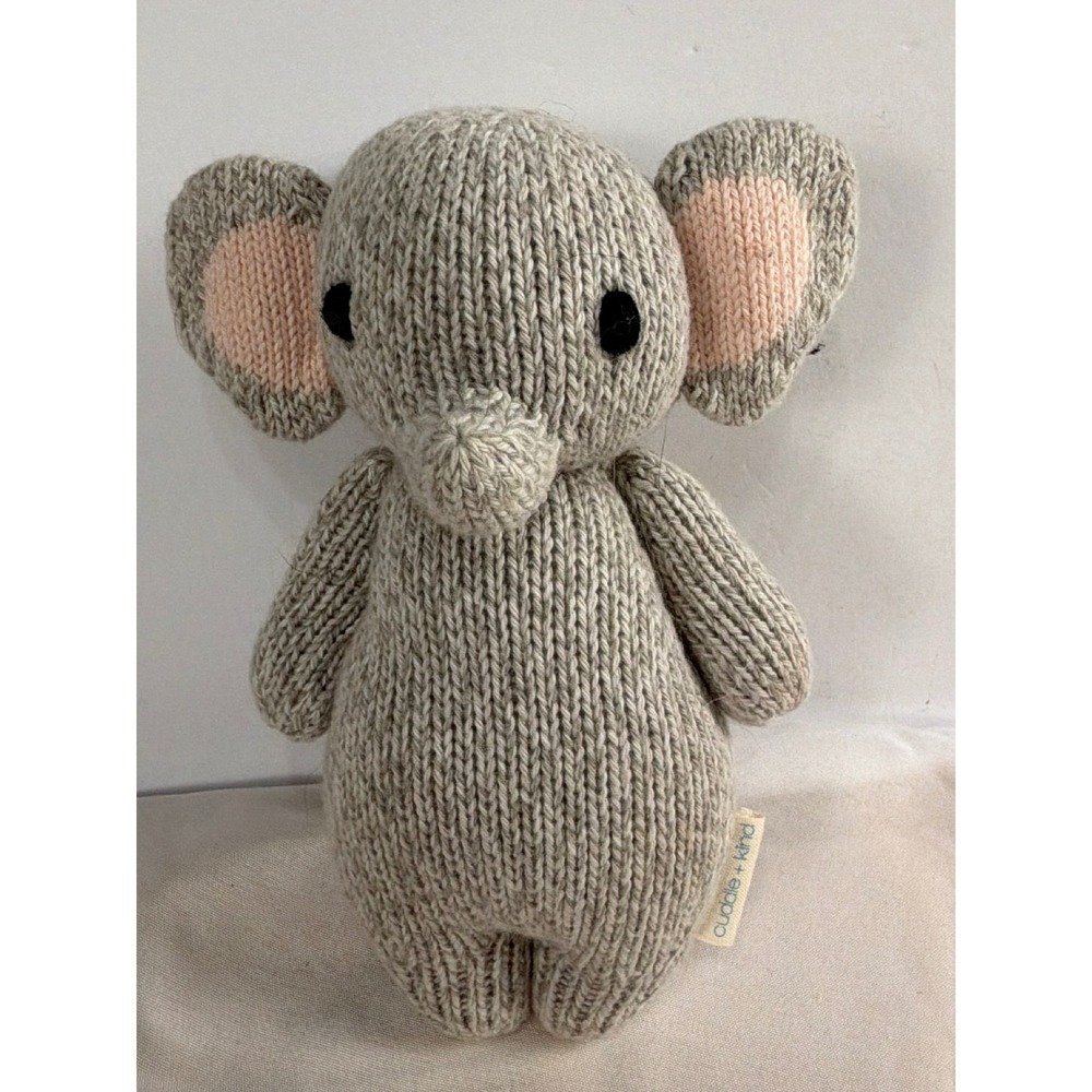 Cuddle + Kind Evan the Elephant Hand Knit Plush Stuffed Animal Grey Pink Small